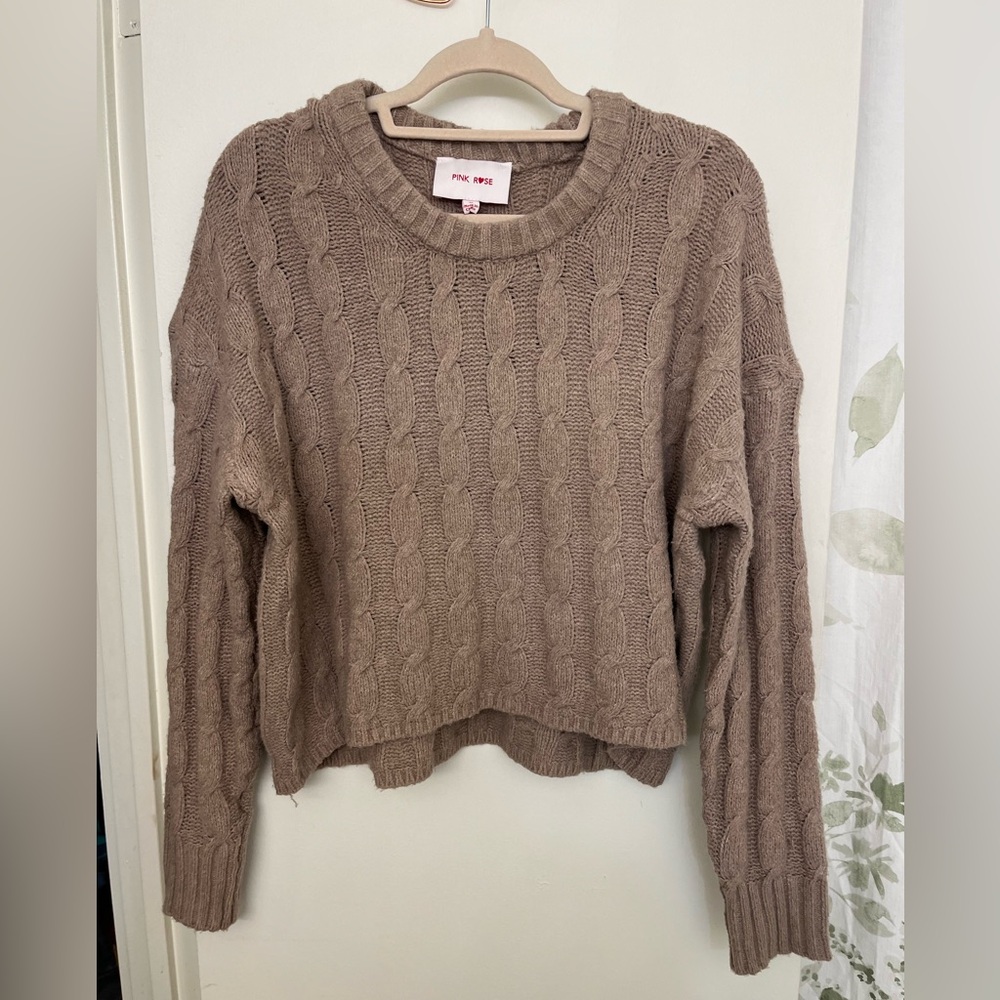 Pink Rose Women's Cable Knit Sweater - Taupe